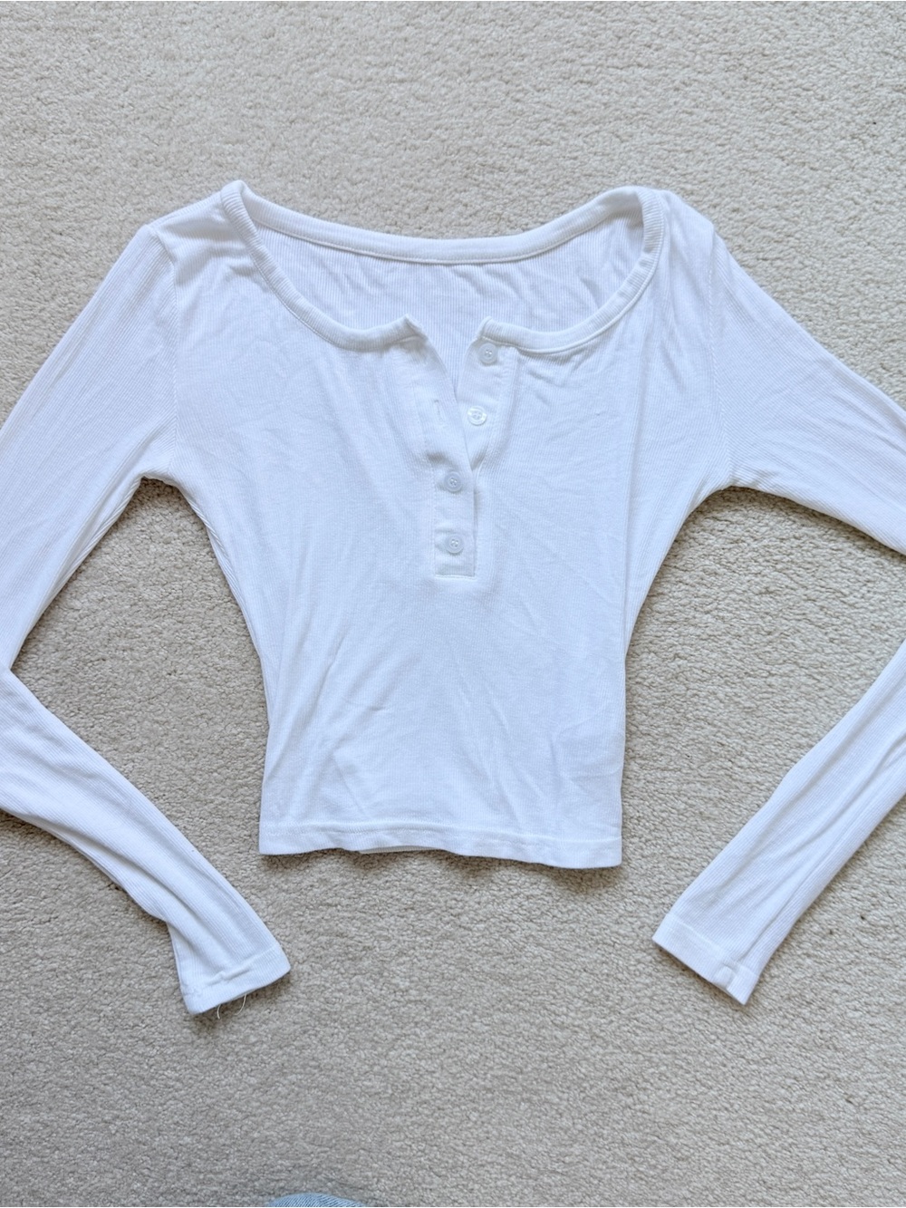 YesStyle White Ribbed Henley Long Sleeve Top